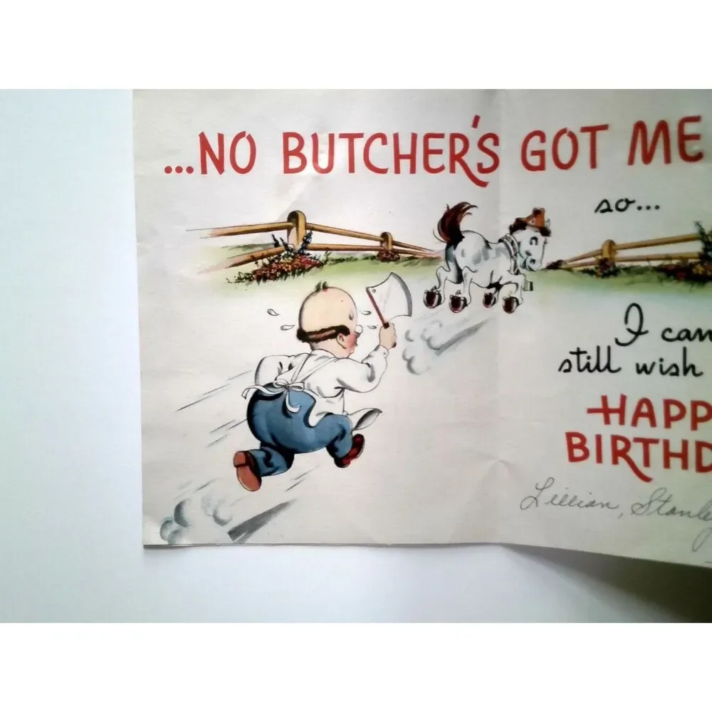 Vintage 1940s 1950s Belated Birthday Card Horse Butcher Comic USA